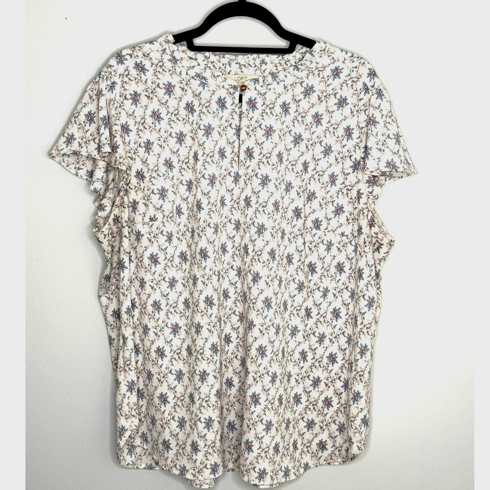 LOFT Blue Pink Floral Flutter Sleeve Keyhole Button Ruffle Collar Blouse Sz 20